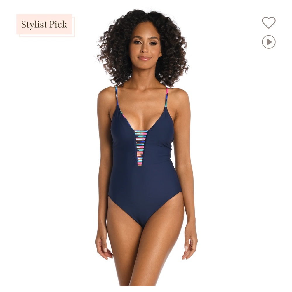 NWT LA BLANCA Painted Leaves Reversible Plunge One Piece - Picture 3 of 12